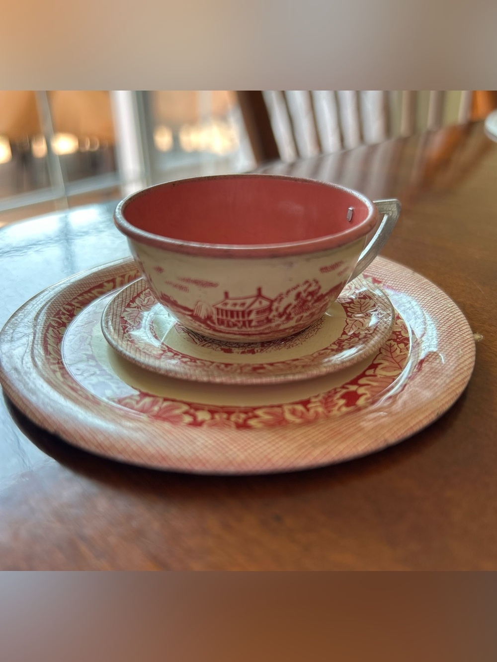 Vintage Tin Metal Childs Tea Cup and Plate Set